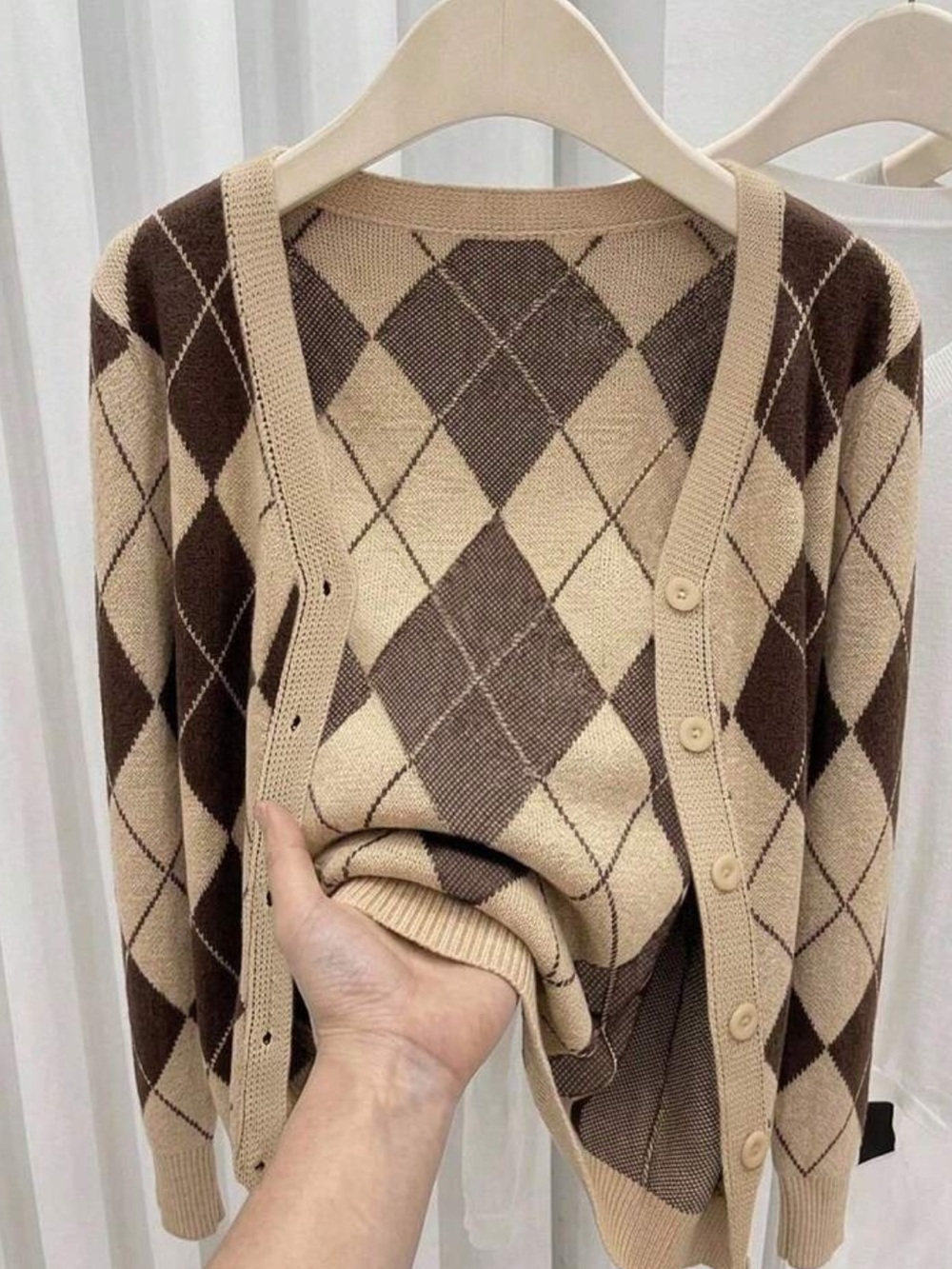 Preppy Brown Argyle Knit Long Sleeve Cardigan, Lightweight, Office, Commu
